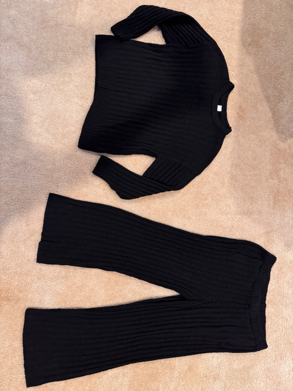 Ribbed Knit Two-Piece teddy bear Lounge Set - Black